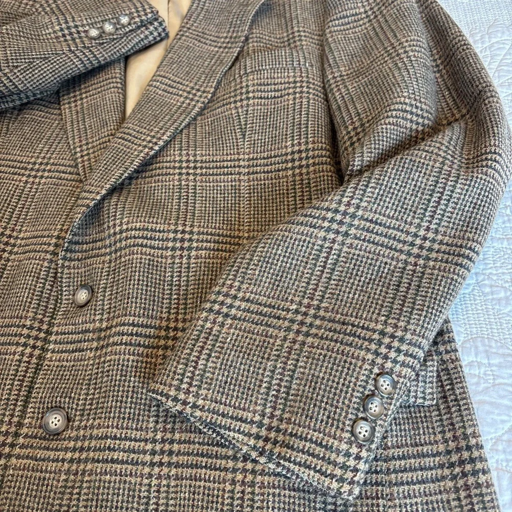 VTG Houndstooth Sport Coat Pure Wool Plaid 2 Button Brown Green‎ Preppy SZ 46L